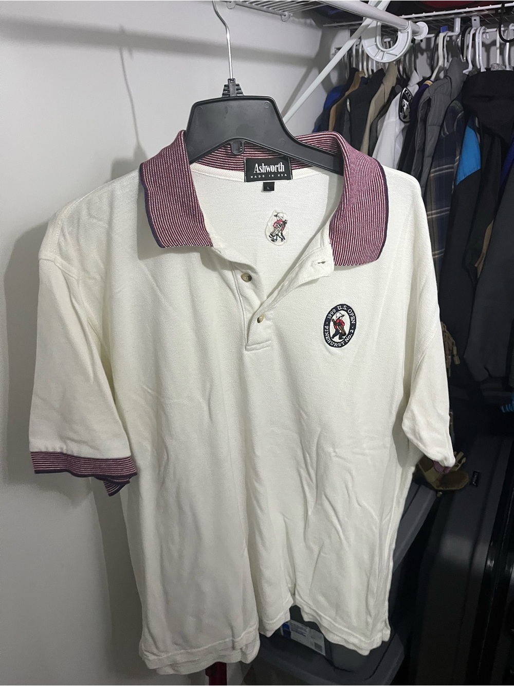 Ashworth 1999 US Open White Polo with Burgundy Stripe Collar and Cuff
